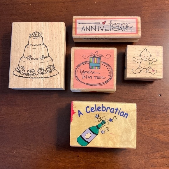 Set of 5 Happy Occasion Stamps New & Used Lot Wood Block Rubber Stamps - Picture 1 of 12